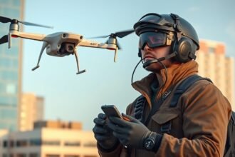 Drónpilóta irányítja a drónját városi környezetben.