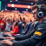 E-sportoló egy versenyt játszik az izgatott közönség előtt.