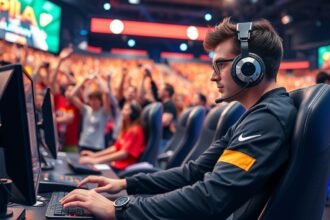 E-sportoló egy versenyt játszik az izgatott közönség előtt.