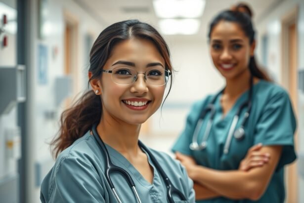 Egészségügyi asszisztensek mosolyognak egy kórház folyosóján