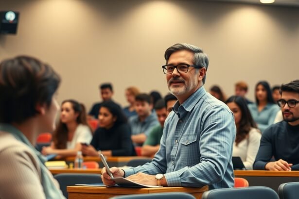 Egyetemi adjunktus tanórán, diákokkal egy előadóteremben.