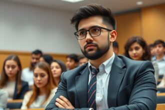 Egy fiatal férfi figyelmesen ül egyetemi előadáson, körülötte diákok.