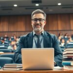 Egyetemi professzor ül a teremben laptop előtt, diákokkal a háttérben.