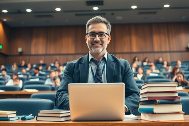 Egyetemi professzor ül a teremben laptop előtt, diákokkal a háttérben.