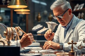 Ékszerbecsüs munka közben, ékszerek felmérése és értékelése