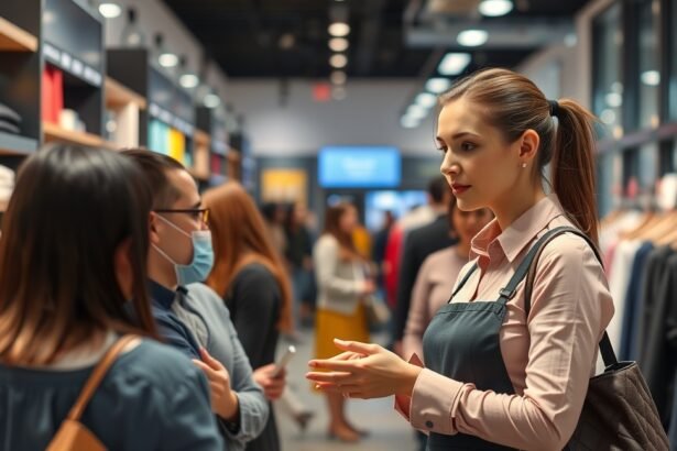 Egy eladó a boltban, aki vásárlókkal beszélget.