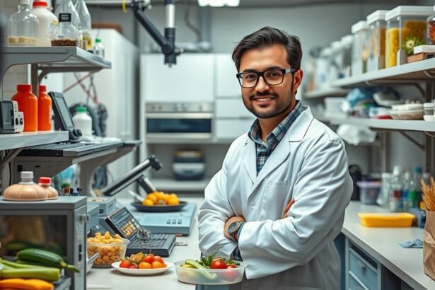 Élelmiszermérnök laboratóriumban friss ételekkel