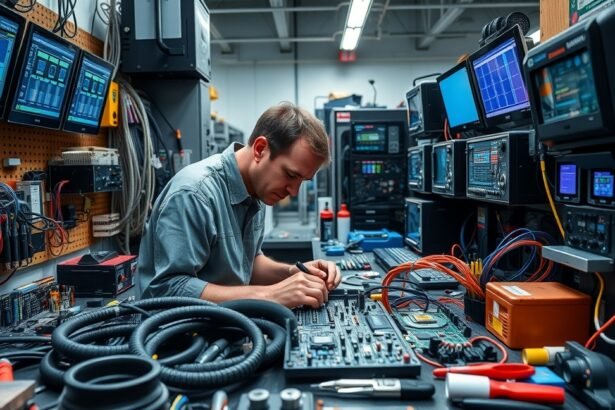 Elektronikai műszerész munkája egy laboratóriumban.