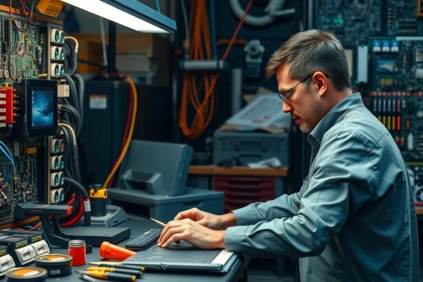 Elektronikai technikus munka közben a laborban.