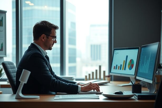 Elemző dolgozik az irodájában, grafikonokkal és diagramokkal körülvéve.