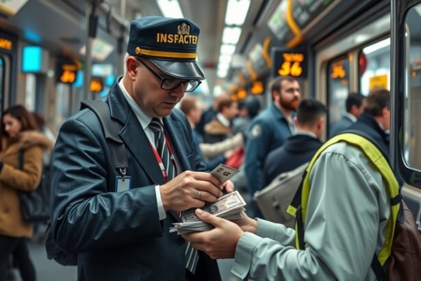Ellenőr a metrón, jegyeket ellenőrizve és pénzt számolva