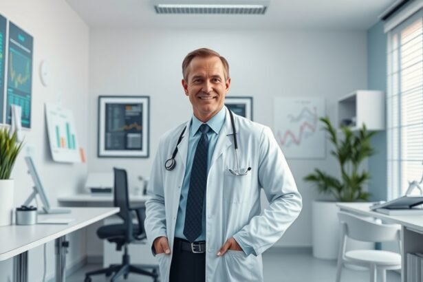 Endokrinológus orvos a munkájában, modern rendelői környezetben