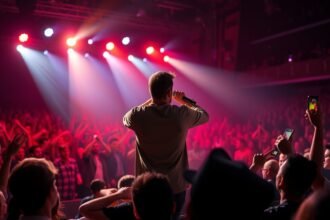 Énekes a színpadon élő koncerten, lelkes közönség előtt.