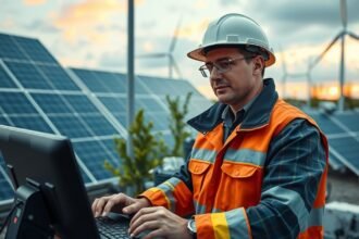 Energetikai mérnök napelemes rendszernél, számítógépen dolgozik.