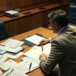 EP-képviselő a munkáján, dokumentumokkal egy tárgyalóasztalon