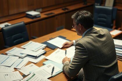 EP-képviselő a munkáján, dokumentumokkal egy tárgyalóasztalon