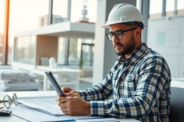 Építészmérnök munkájában, számítógép előtt ülve, tervezés közben.