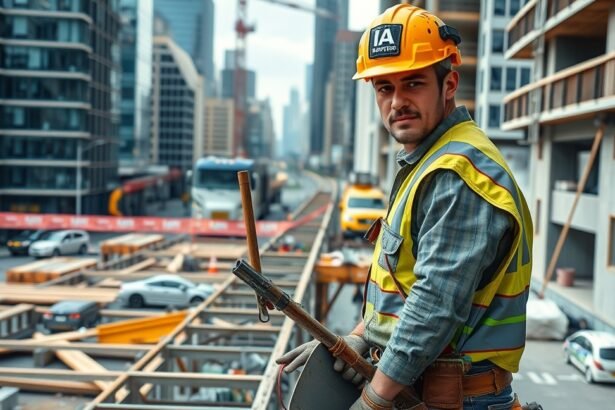 Építőipari segédmunkás a munkavégzés során városi környezetben.