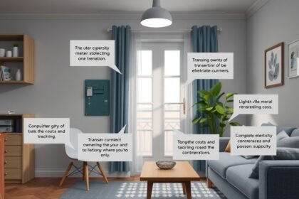 Modern living room with electric meter and informational notes about meter transfer.