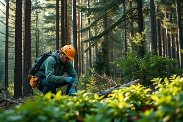 Erdész dolgozik az erdőben, figyelmesen vizsgálja a növényzetet.