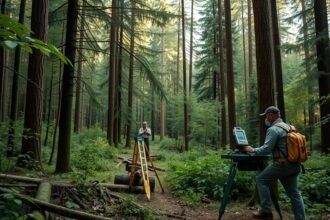 Erdészmérnökök dolgoznak az erdőben, távmérővel és létrával.