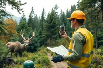 Erdőmérnök a szabadban, térképpel és műszerrel