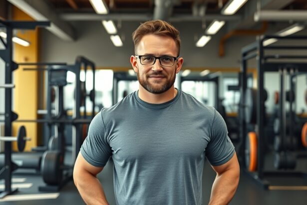 Erőnléti edző egy modern edzőteremben, sportos megjelenésben.