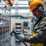 Erősáramú elektrotechnikus műhelyben, szakmai munkavégzés közben