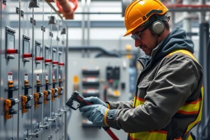 Erősáramú elektrotechnikus műhelyben, szakmai munkavégzés közben