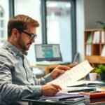 Értékbecslő szakember iratokat vizsgál az irodában.