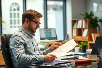Értékbecslő szakember iratokat vizsgál az irodában.