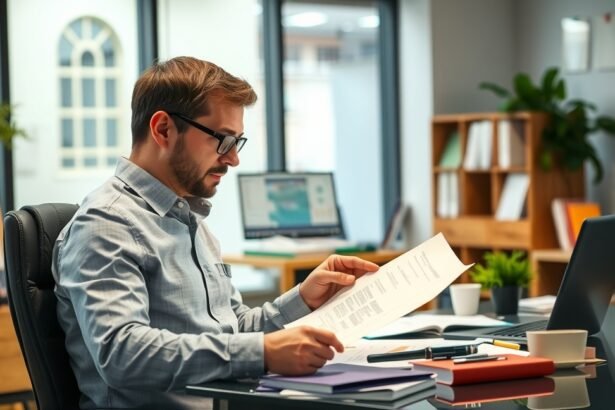 Értékbecslő szakember iratokat vizsgál az irodában.