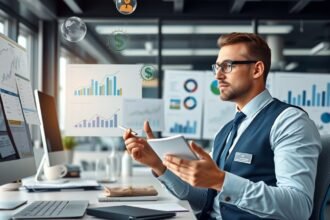 Értékesítő munkahelyi környezetben, grafikonokkal