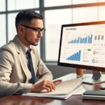 Esetmenedzser elemzi a munkát számítógépen egy irodában