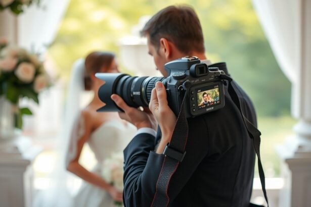 Esküvői fotós munka közben, menyasszony háttérben