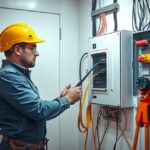 Villanyszerelő panellakásban, villanyszerelési munkálatok közben.