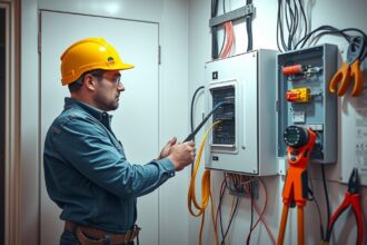 Villanyszerelő panellakásban, villanyszerelési munkálatok közben.