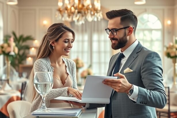 Esküvőszervező és menyasszony a tervezés során