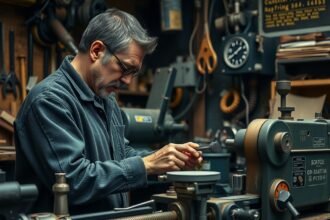 Esztergályos munkáját végzi egy ipari műhelyben