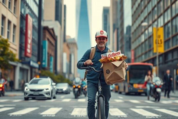 Ételfutár kerékpáron városi forgalomban, ételt szállítva.