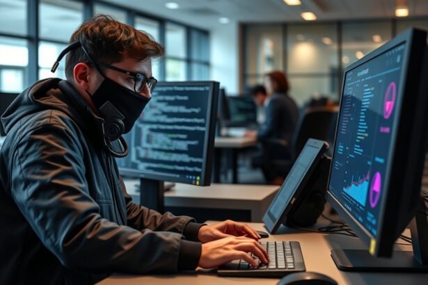 Etikus hacker dolgozik a számítógépén, kiberbiztonsági környezetben.