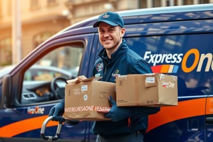 Express One futár kézben tartja a csomagokat egy furgon mellett.