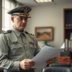 Ezredes hivatali környezetben, dokumentumot nézve