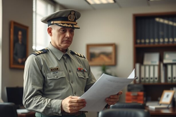 Ezredes hivatali környezetben, dokumentumot nézve