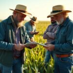 Falugazdászok megbeszélés közben mezőgazdasági területen.