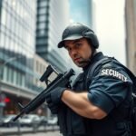 Fegyveres biztonsági őr épület előtt, városi környezetben.