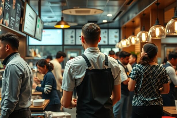 Felszolgálók egy étteremben, vendéglátás területen dolgozva.