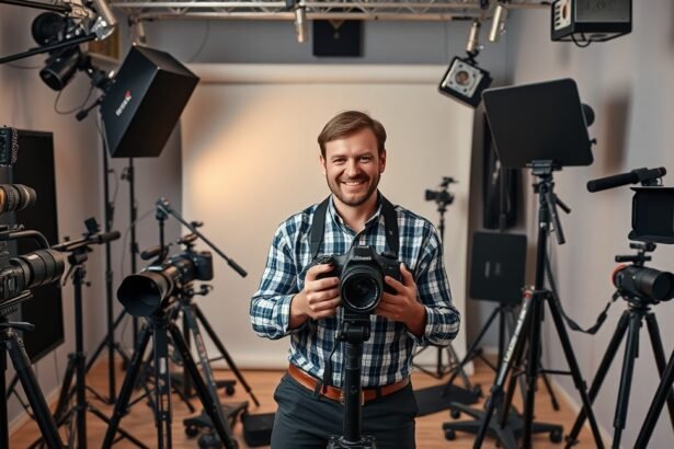 Fényképész stúdióban fényképezőgéppel, háttérben fotós eszközök.