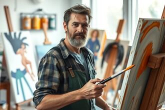 Festő dolgozik a műhelyében, festményeivel a háttérben.