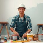 Festő-mázoló szakember szerszámaival egy festett fal előtt.